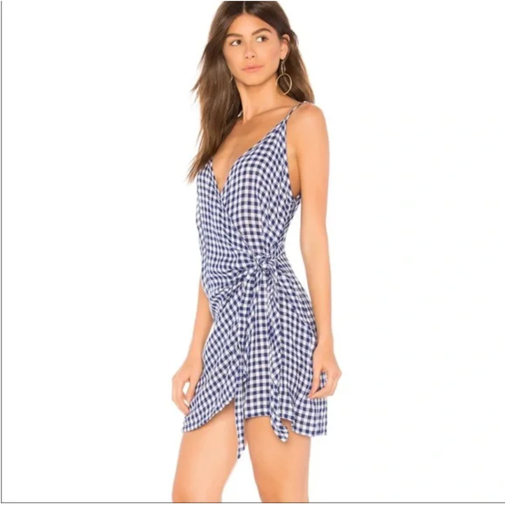 Revolve X Rails Malia Gingham Linen Blue Wrap Dress Size Large